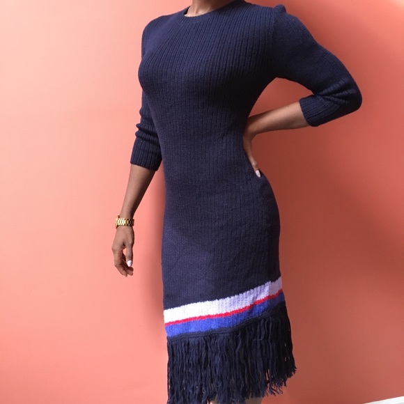 Navy Anthropologie fringe trim sweater dress - Picture 2 of 4